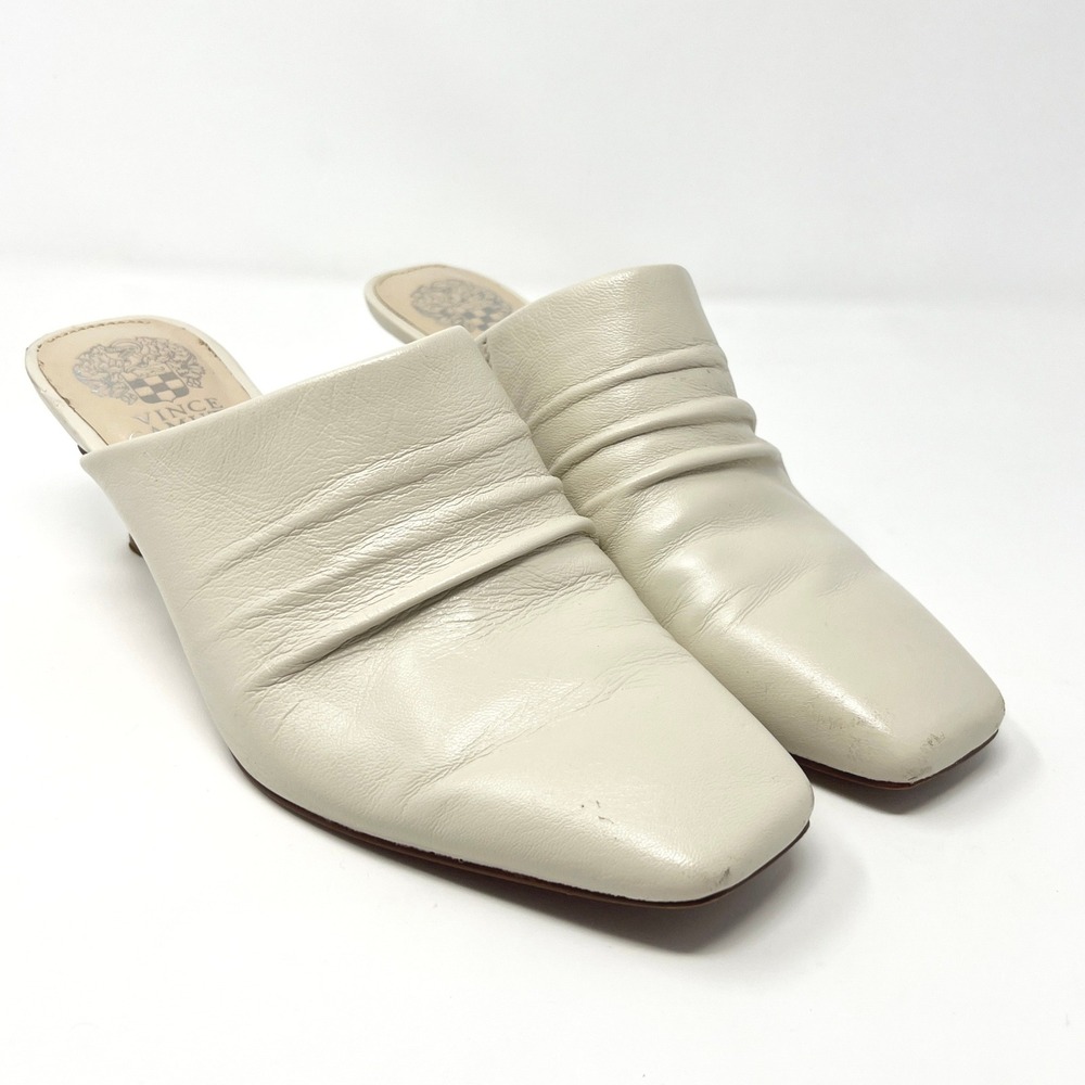 Vince Camuto Ovina Mules Size 7.5 Cream Leather Ruched Square Toe Kitten Heel